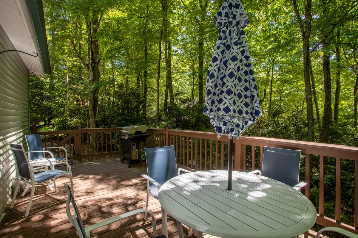 A welcoming patio scene featuring a table with an umbrella, several outdoor chairs, a gas grill, and lush trees in the background. The setup invites guests to gather for meals, barbecues, or simply relaxing in the fresh mountain air.